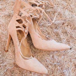 Lulu's Nude Suede Lace-up Ankle Heels